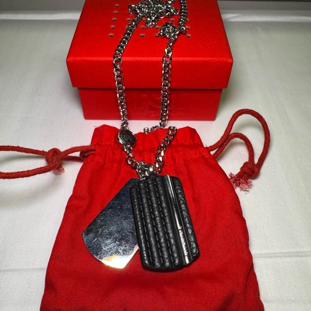Diesel Double Dog Tag Stainless Steel Silver Leather Necklace DX1040040